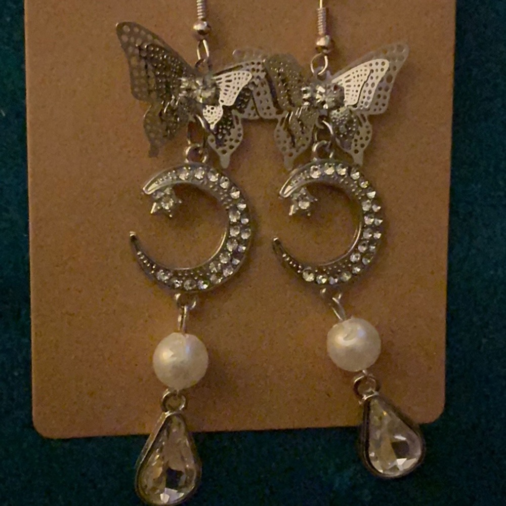 Silver Butterfly and Moon Earrings with dangling pearls and teardrop crystals